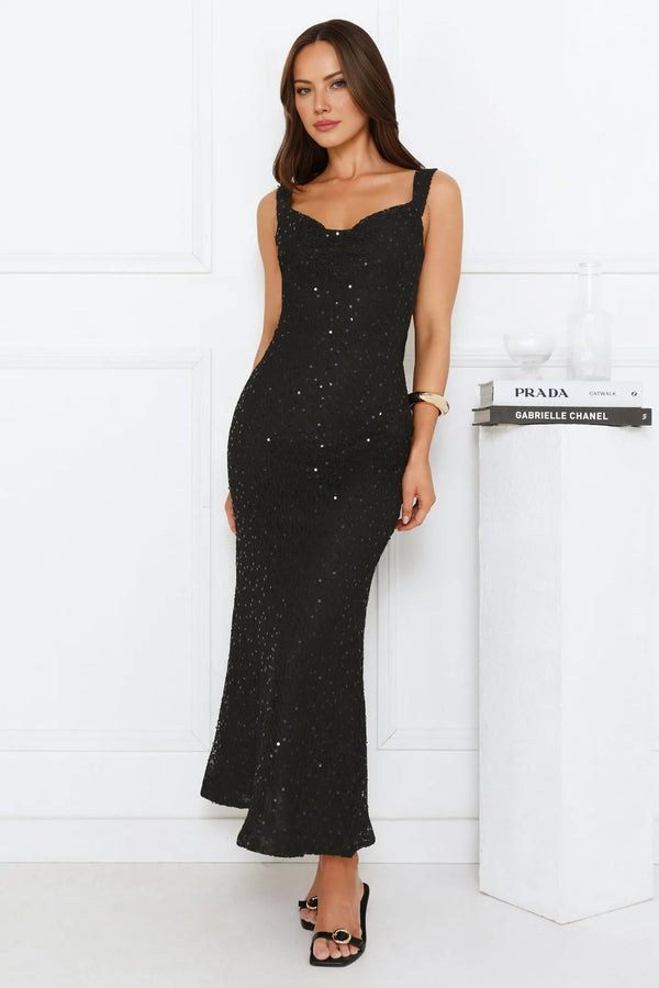 Luxe Siren Crochet Sequin Maxi Dress Black