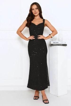 Luxe Siren Crochet Sequin Maxi Dress Black