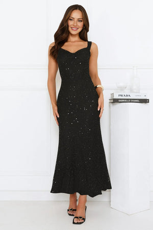 Luxe Siren Crochet Sequin Maxi Dress Black