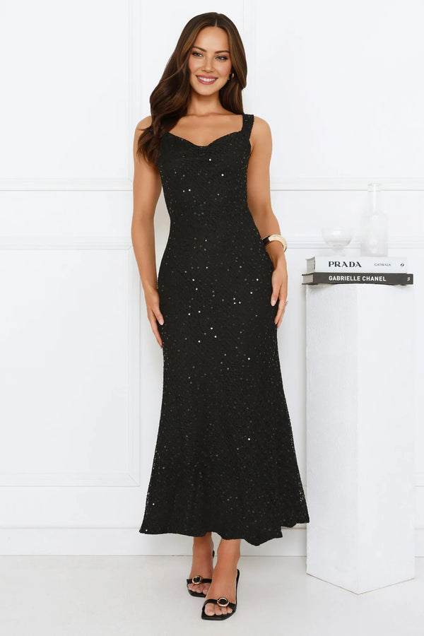 Luxe Siren Crochet Sequin Maxi Dress Black
