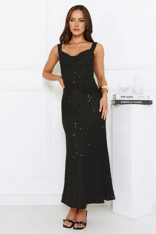 Luxe Siren Crochet Sequin Maxi Dress Black