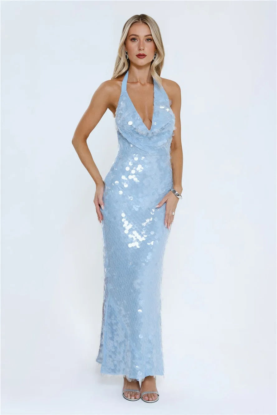 Oceanic Sequin Halter Maxi Dress Blue