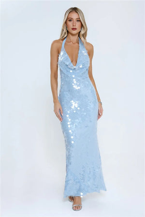 Oceanic Sequin Halter Maxi Dress Blue
