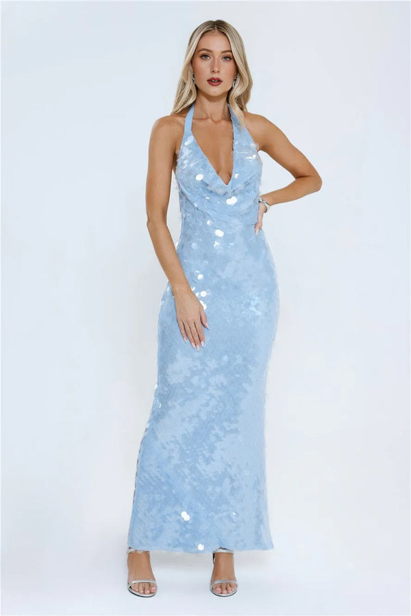 Oceanic Sequin Halter Maxi Dress Blue