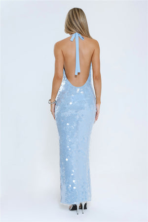 Oceanic Sequin Halter Maxi Dress Blue