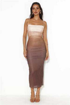 Ombre Lover Mesh Midi Dress Brown