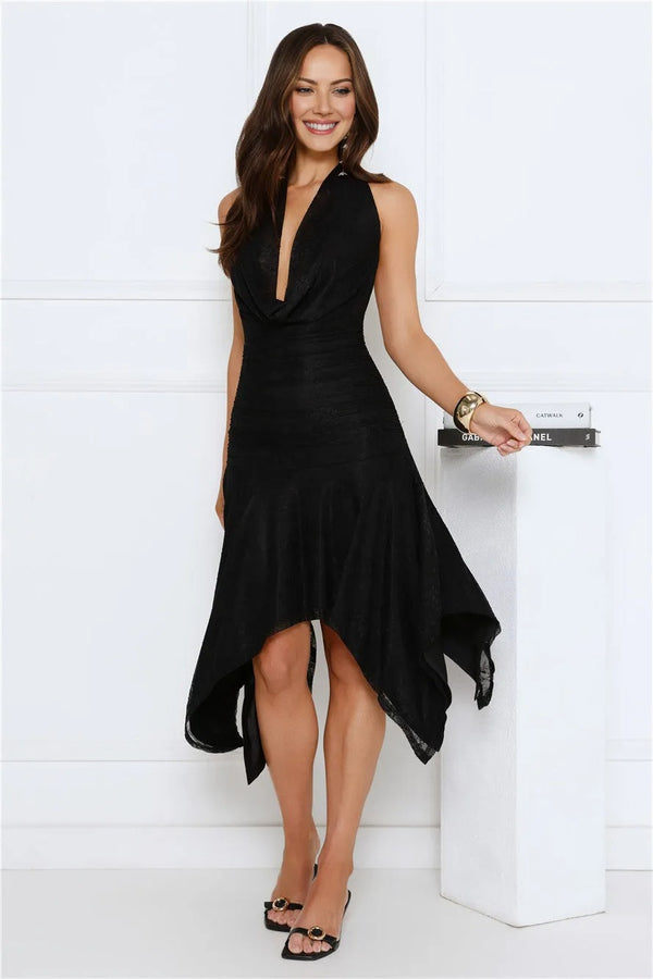 Platinum Glow Lace Halter Midi Dress Black