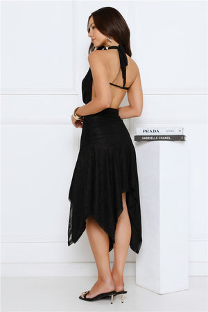 Platinum Glow Lace Halter Midi Dress Black