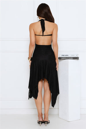 Platinum Glow Lace Halter Midi Dress Black