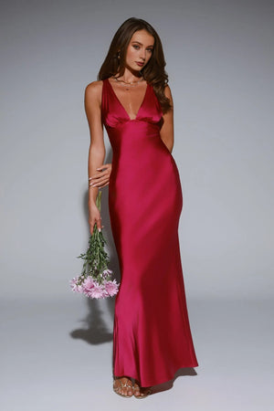 Polished Affair Satin Maxi Dress Berry