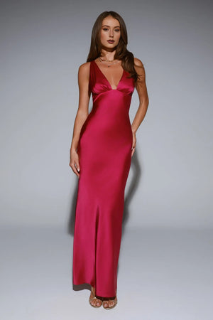 Polished Affair Satin Maxi Dress Berry