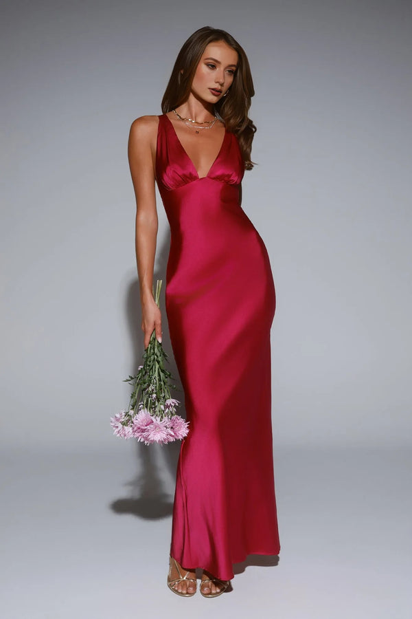 Polished Affair Satin Maxi Dress Berry