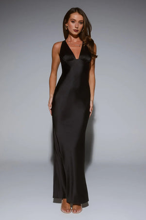 Polished Affair Satin Maxi Dress Black