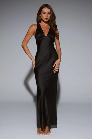 Polished Affair Satin Maxi Dress Black