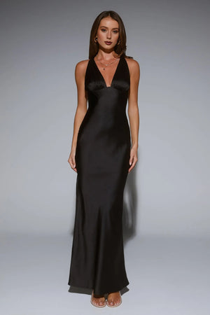 Polished Affair Satin Maxi Dress Black