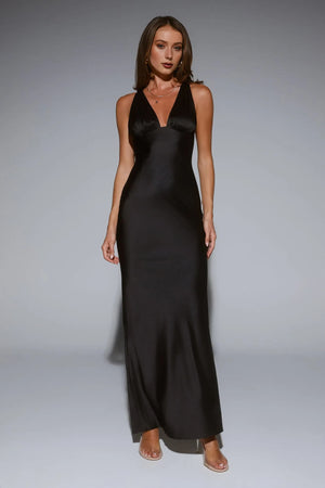 Polished Affair Satin Maxi Dress Black