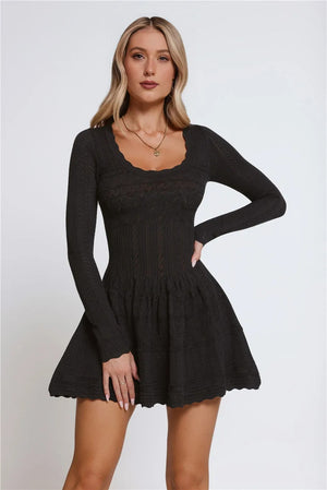 Pretty Portrait Long Sleeve Knit Mini Dress Black
