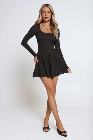 Pretty Portrait Long Sleeve Knit Mini Dress Black