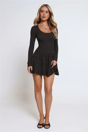 Pretty Portrait Long Sleeve Knit Mini Dress Black