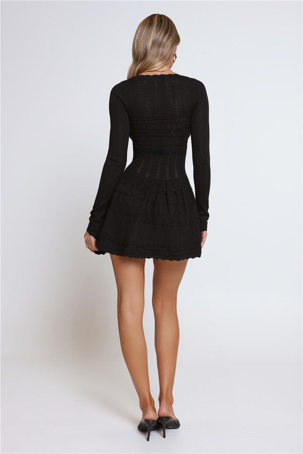 Pretty Portrait Long Sleeve Knit Mini Dress Black