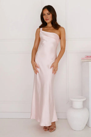 Romantic Tales Satin One Shoulder Maxi Dress Pink