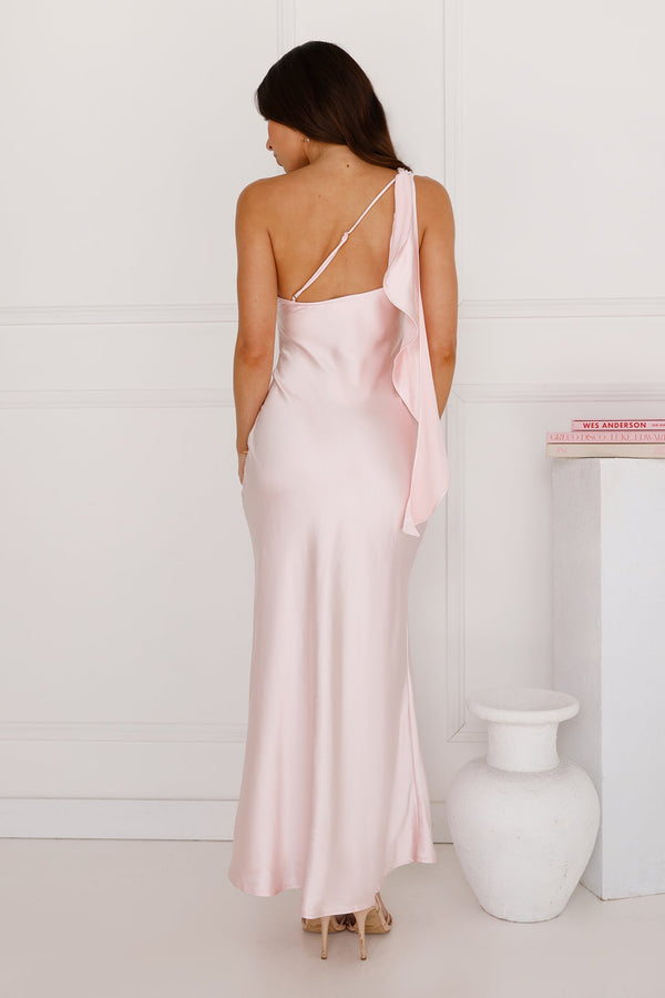 Romantic Tales Satin One Shoulder Maxi Dress Pink