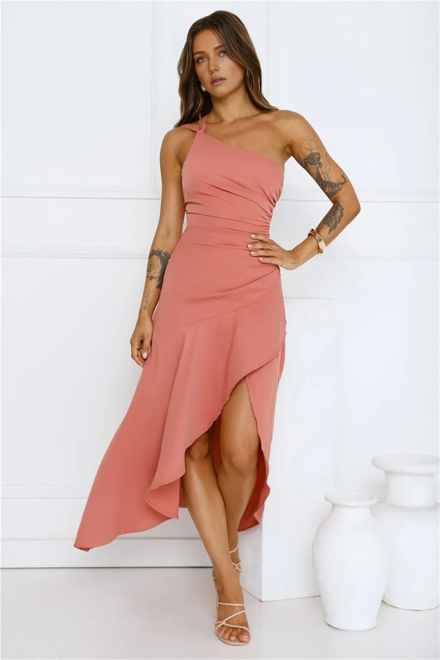 Rule Breaker One Shoulder Midi Dress Coral