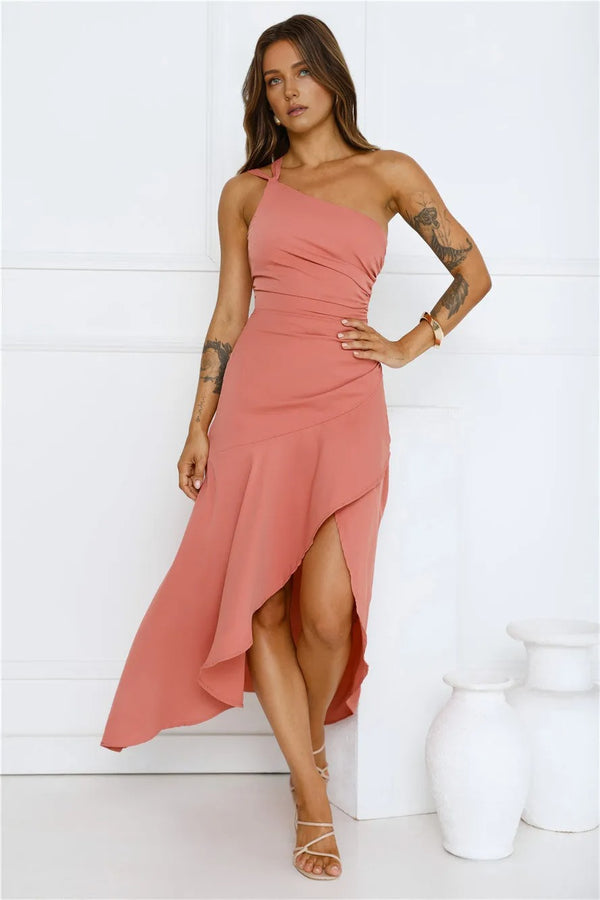 Rule Breaker One Shoulder Midi Dress Coral