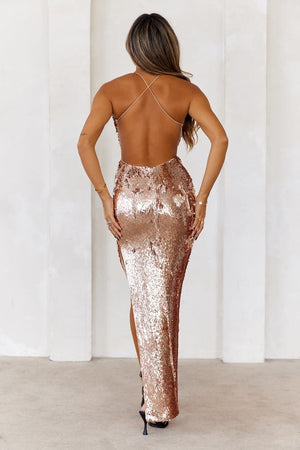 Sequin Fantasy Maxi Dress Rose Gold