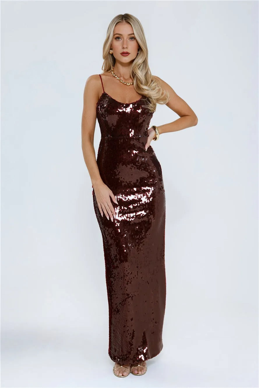 Sequin Statement Midi Dress Wine