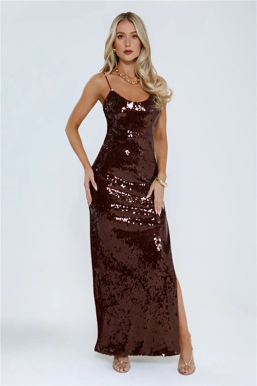Sequin Statement Midi Dress Wine