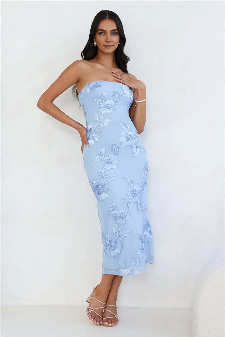 Seraphic Strapless Mesh Midi Dress Blue