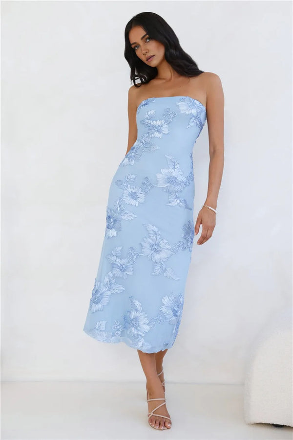 Seraphic Strapless Mesh Midi Dress Blue