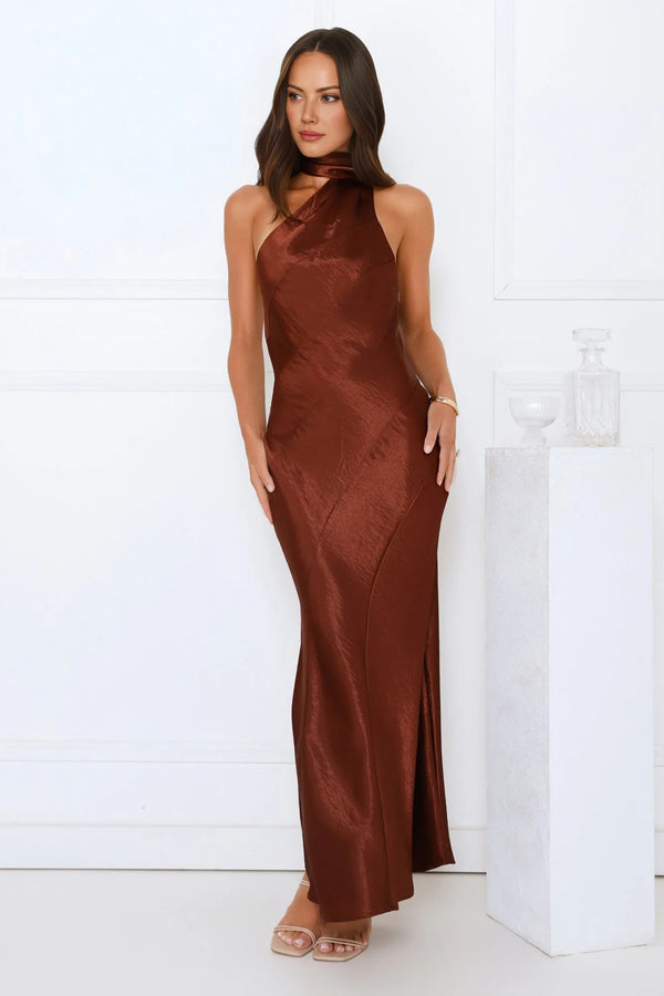 She’s Got Plans Satin Maxi Dress Brown