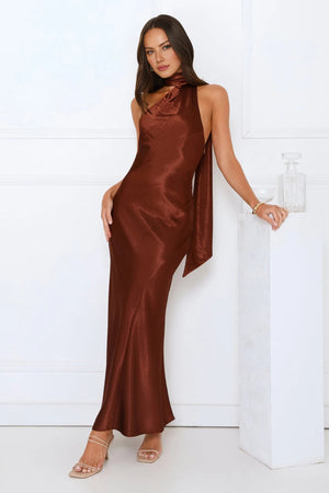 She’s Got Plans Satin Maxi Dress Brown