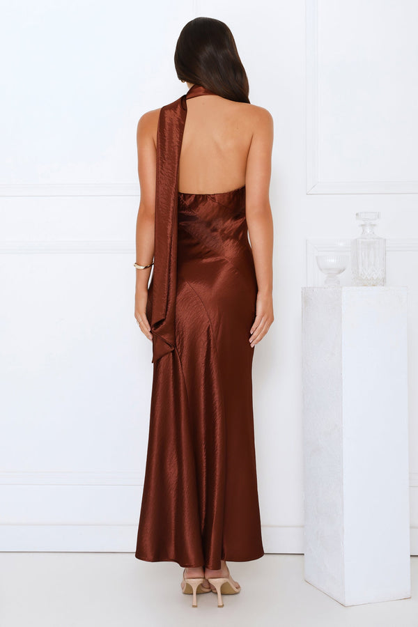 She’s Got Plans Satin Maxi Dress Brown