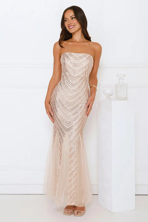 Shimmer District Sequin Strapless Maxi Dress Gold
