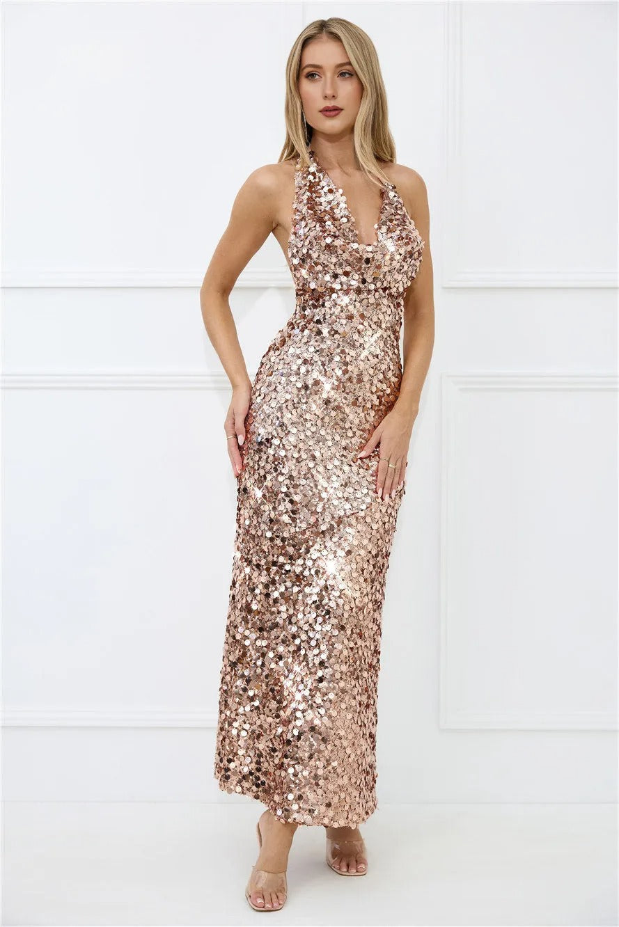 Shimmer Dreams Halter Sequin Maxi Dress Rose Gold