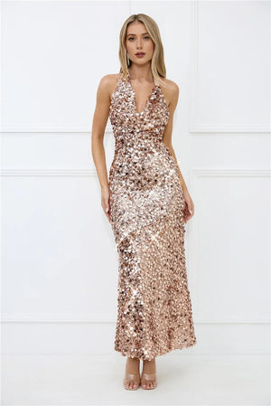 Shimmer Dreams Halter Sequin Maxi Dress Rose Gold