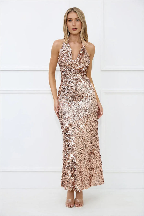 Shimmer Dreams Halter Sequin Maxi Dress Rose Gold