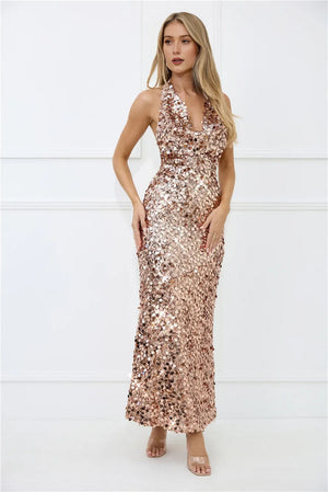 Shimmer Dreams Halter Sequin Maxi Dress Rose Gold