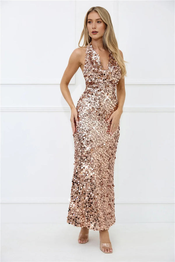 Shimmer Dreams Halter Sequin Maxi Dress Rose Gold