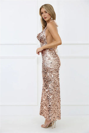 Shimmer Dreams Halter Sequin Maxi Dress Rose Gold