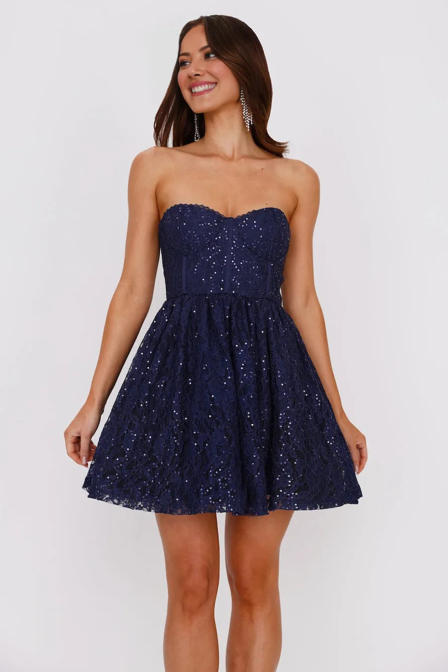 Soirée Star Strapless Sequin Mini Dress Navy