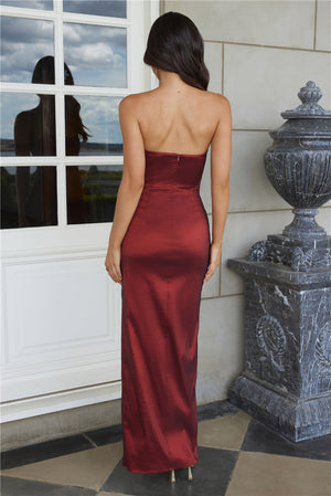 Soulmate Magic Strapless Satin Maxi Dress Wine