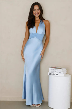 Spiced Sunset Satin Halter Maxi Dress Blue