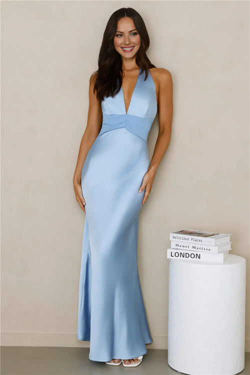 Spiced Sunset Satin Halter Maxi Dress Blue