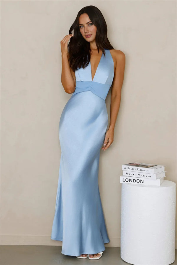 Spiced Sunset Satin Halter Maxi Dress Blue
