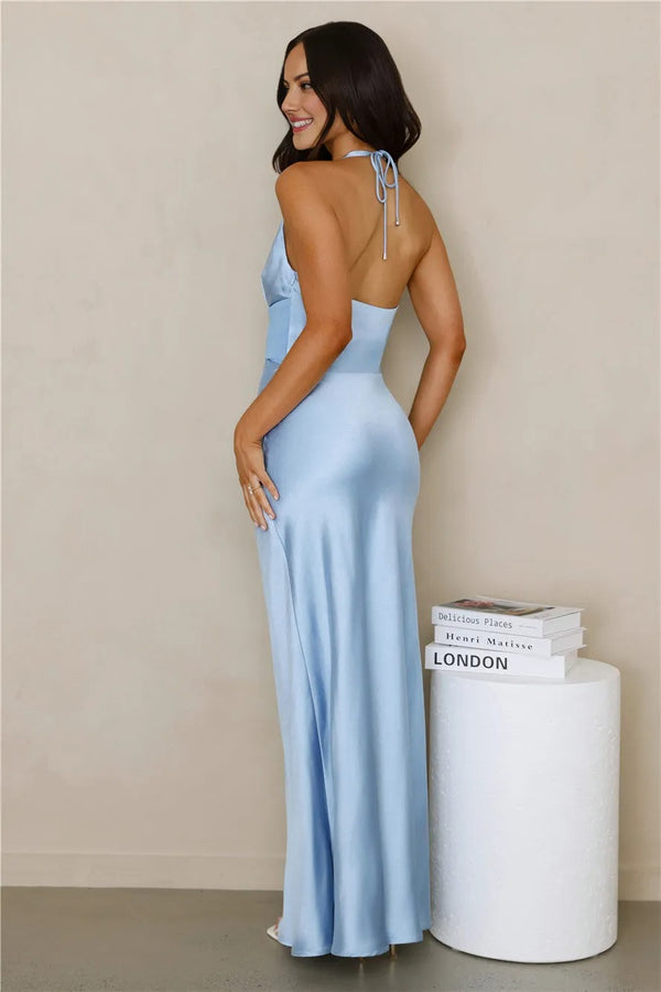 Spiced Sunset Satin Halter Maxi Dress Blue