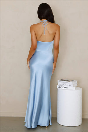 Spiced Sunset Satin Halter Maxi Dress Blue